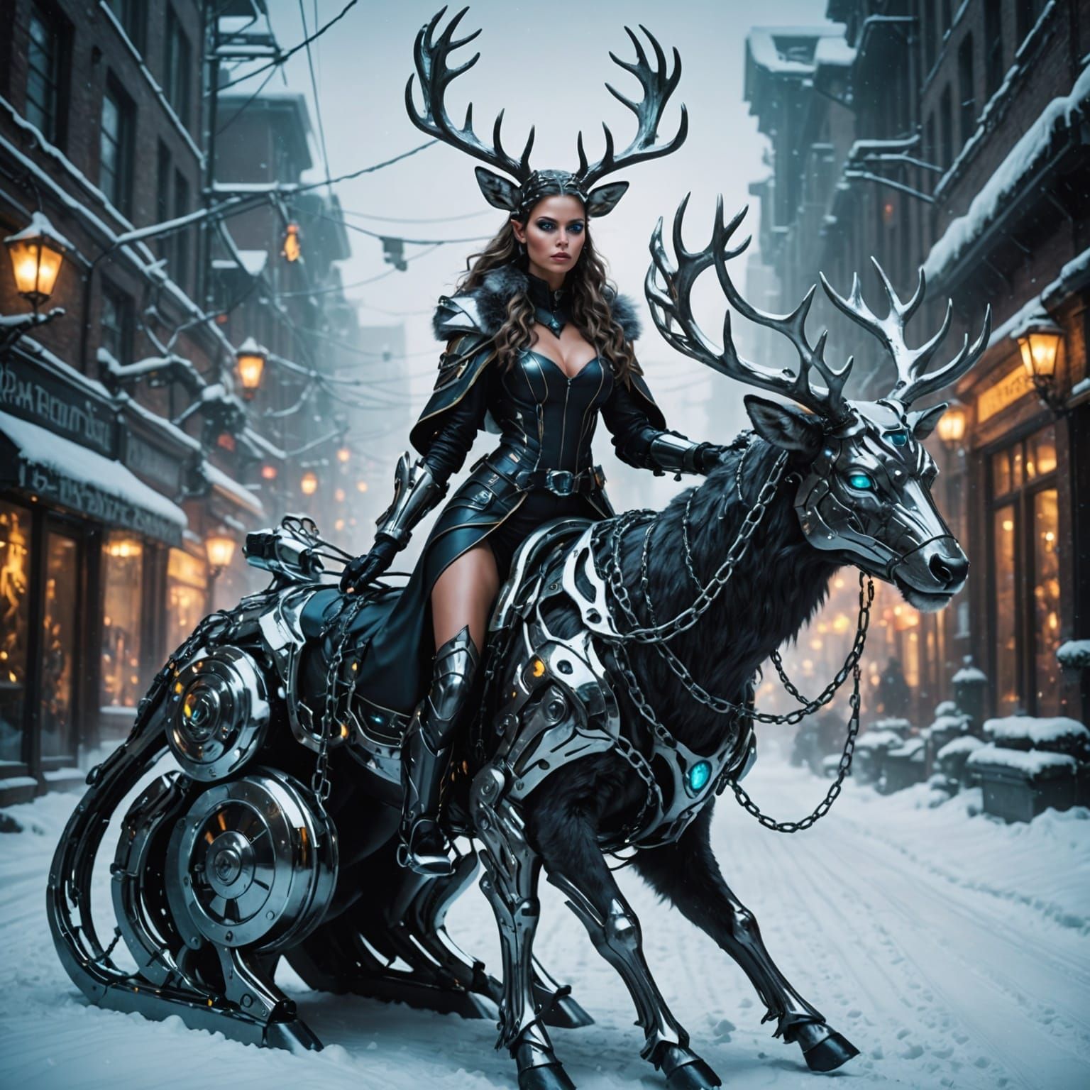 Cyberpunk Cybernetic Deer Girl on Santa's Futuristic Sleigh