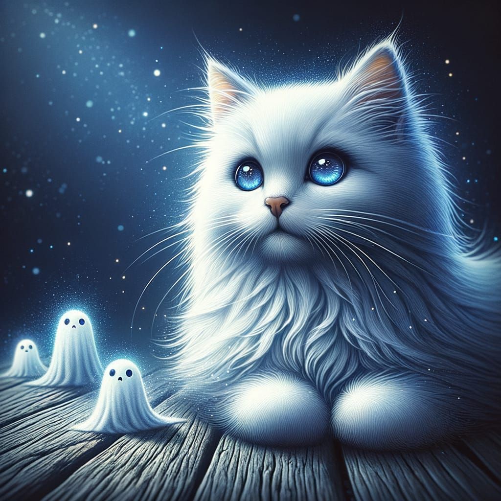 Ethereal White Cat with Blue Eyes: Digital Art