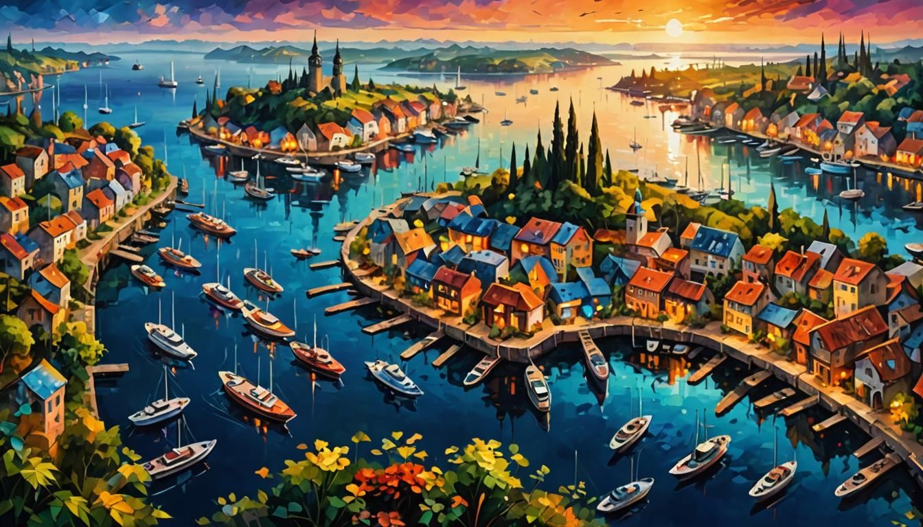 Futuristic Harbor at Sunset: Impressionistic Aerial View