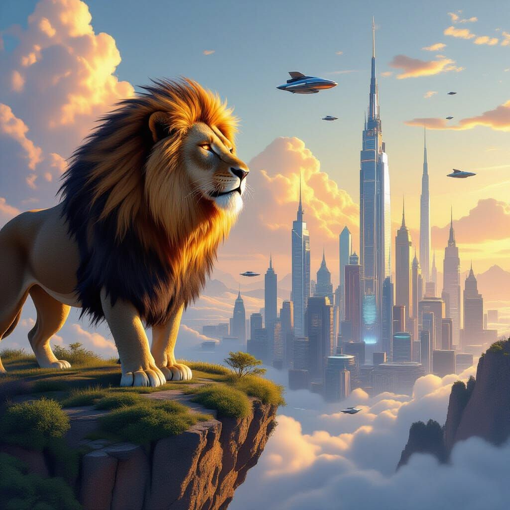 Fiery Lion Overlooks Futuristic Cityscape
