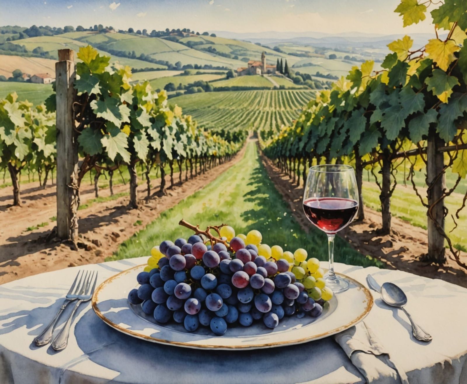 Watercolour Painting of Grapes in a Vineyard Landscape
