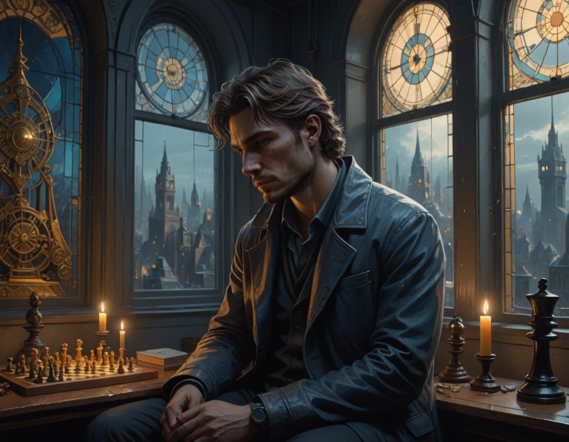 Contemplative Youth Lost in Futuristic Solitude