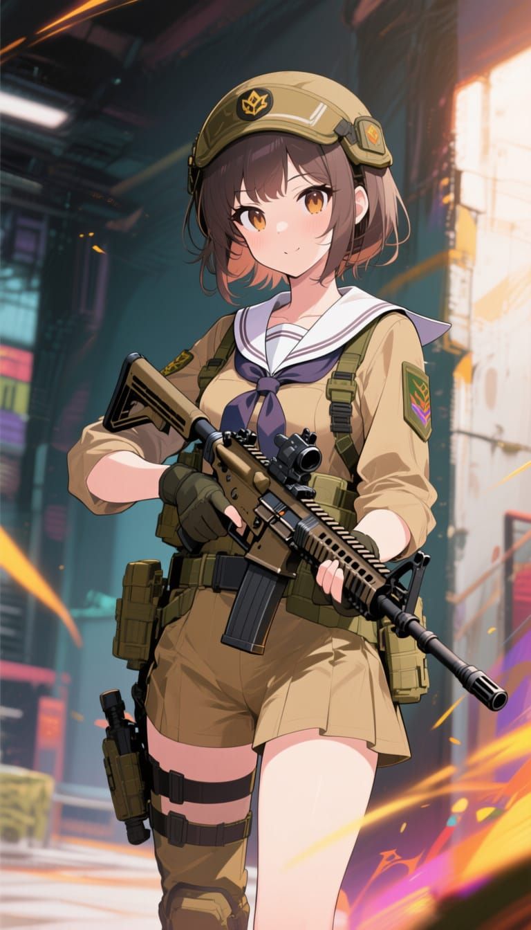 Anime Girl in Tactical Gear with Assault Rifle