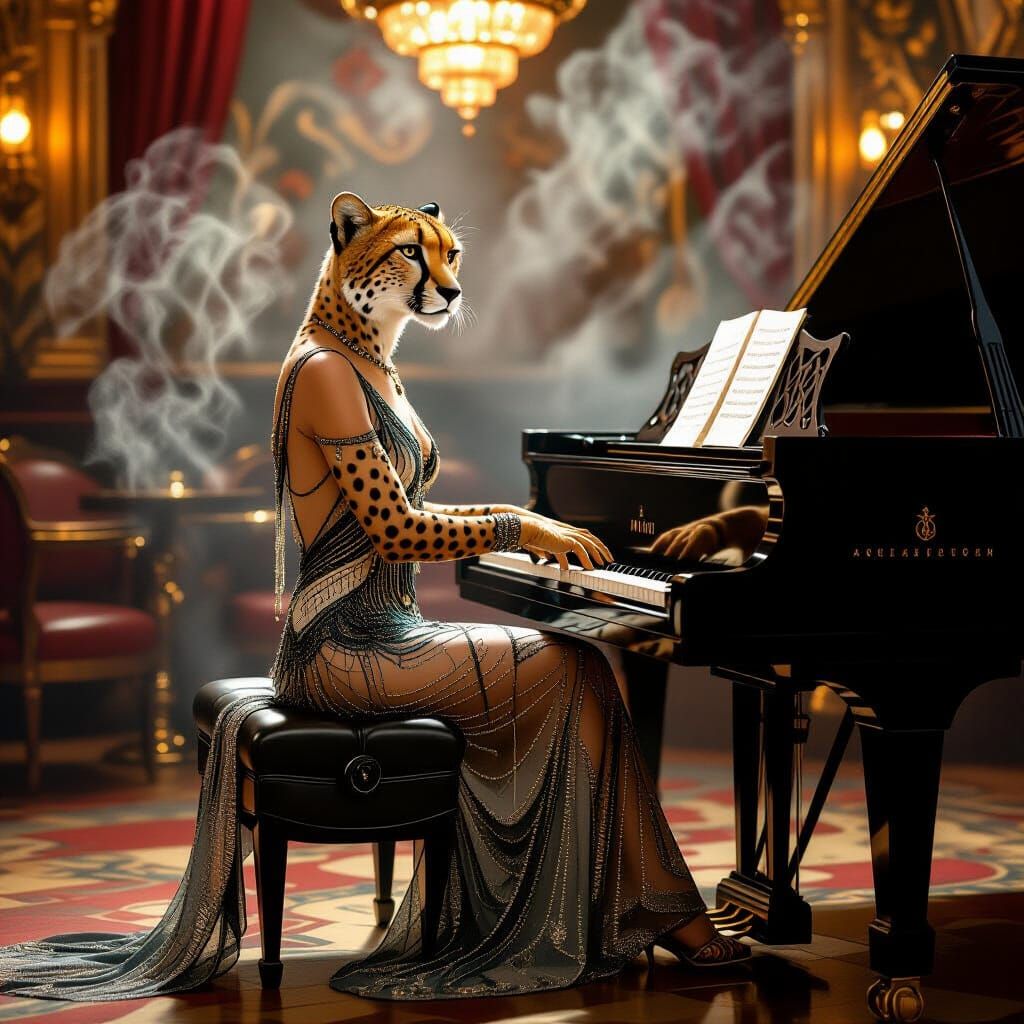 Anthropomorphic Cheetah Plays Piano in Art Deco Jazz Club