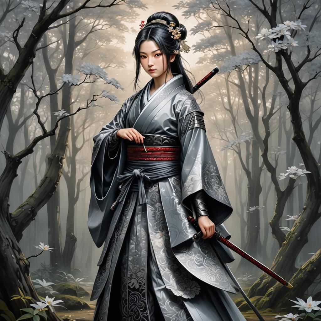 Grey Samurai in Japanese Grove, Woodcut Print