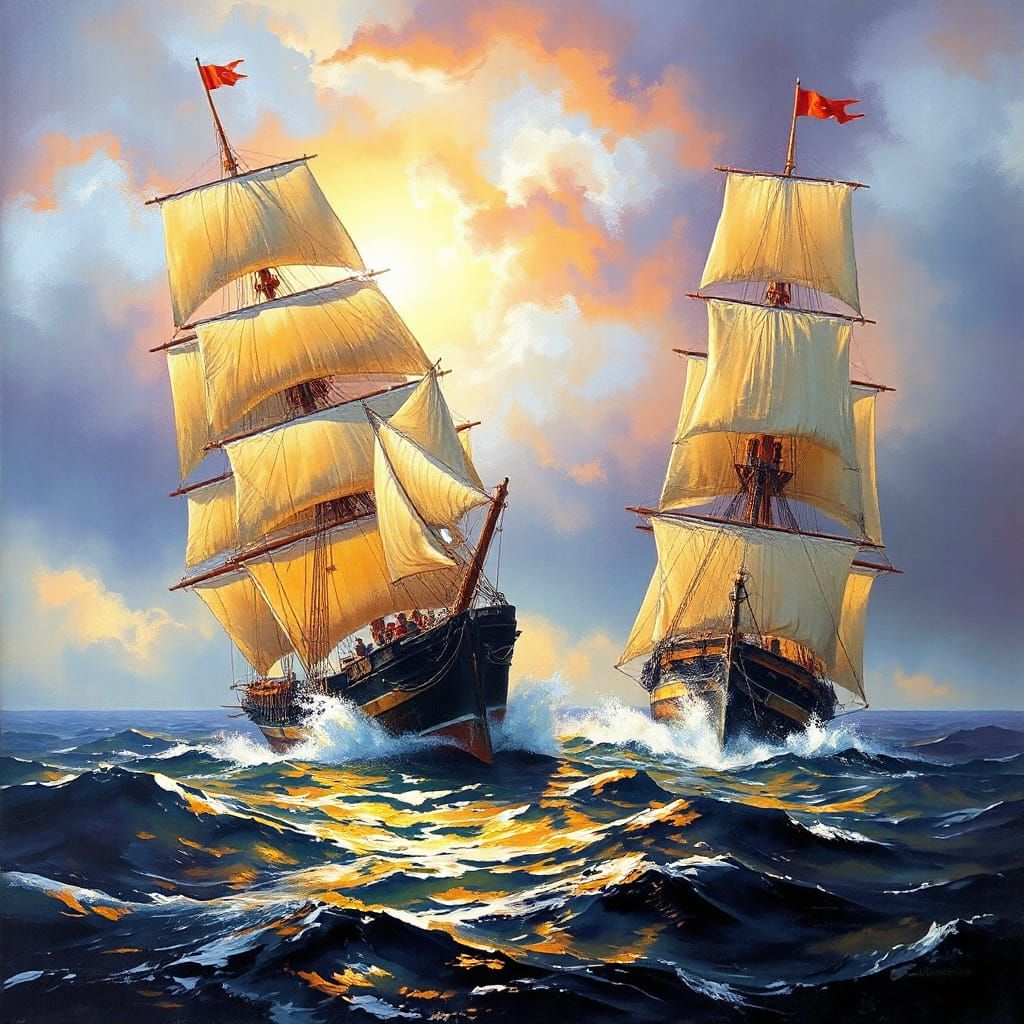 Impasto Oil Painting of Naval Ships in Fierce Cannon Battle