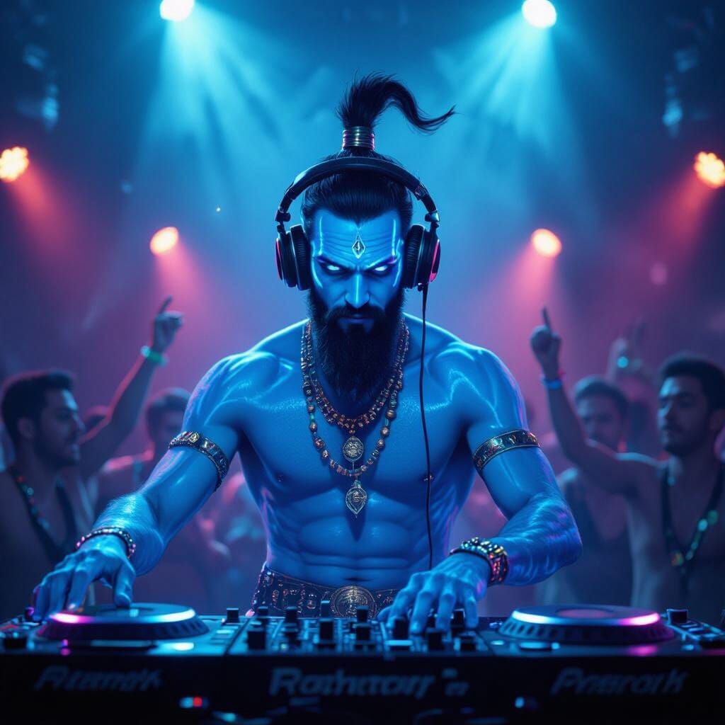 Blue Skinned Genie DJ at a Neon Rave