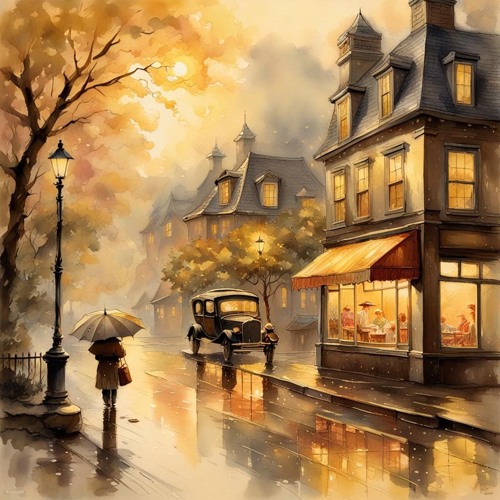 Golden Hour Wet Streets Scene in Pastel Hues