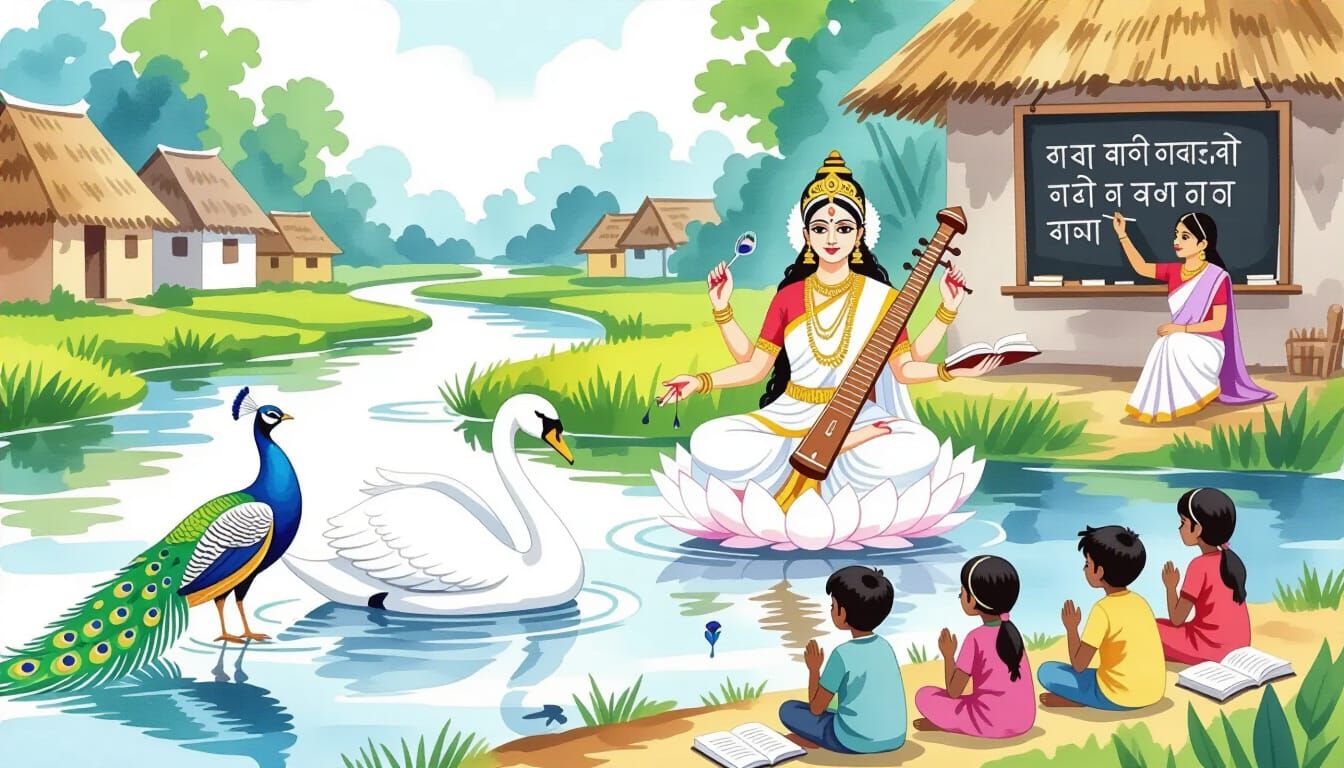 Goddess Saraswati in Bengali Village: Watercolor