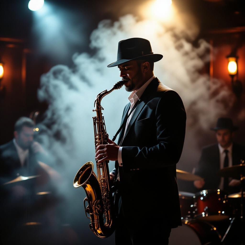 Saxophone Player in Smoky Jazz Club, Film Noir Style
