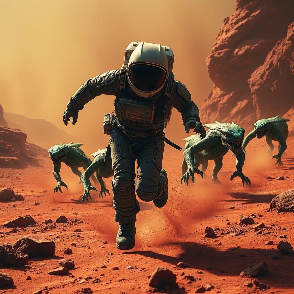 Astronaut Fleeing Reptilian Aliens on Crimson Mars Landscape