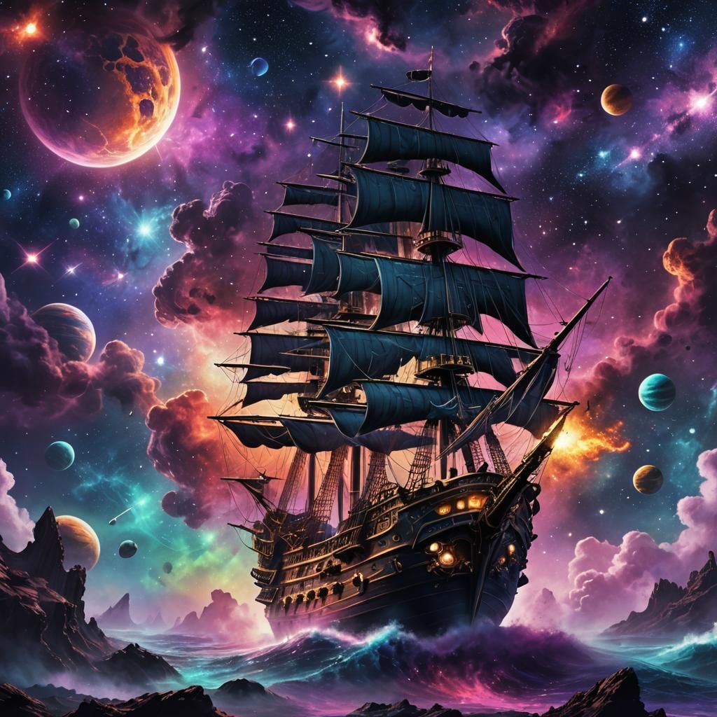 Pirate Ship Navigating Nebula in Space Fantasy Art