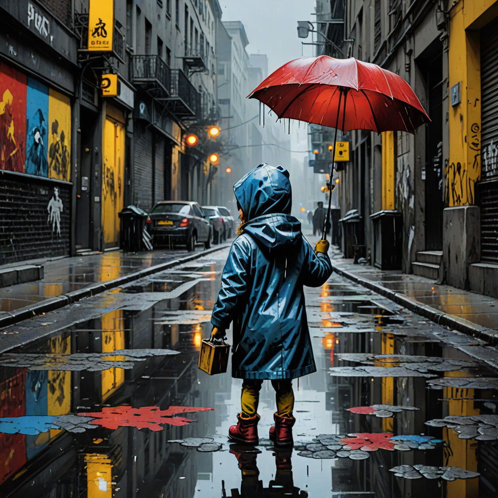 Lonely Girl in Urban Storm, Stencil Art Style