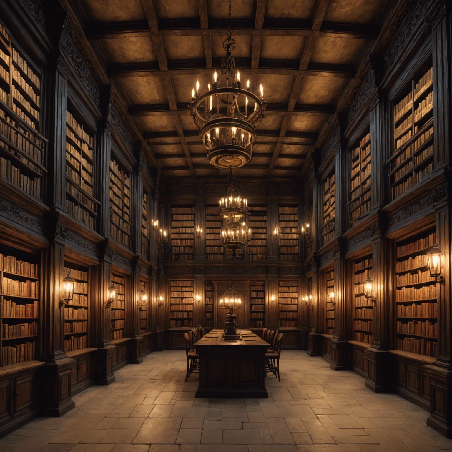 Ancient library,  with old scholar lanterns,  hyperdetailed ...