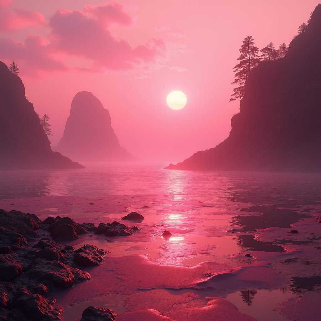 Pink Serene Landscape with Hyperrealistic Textures