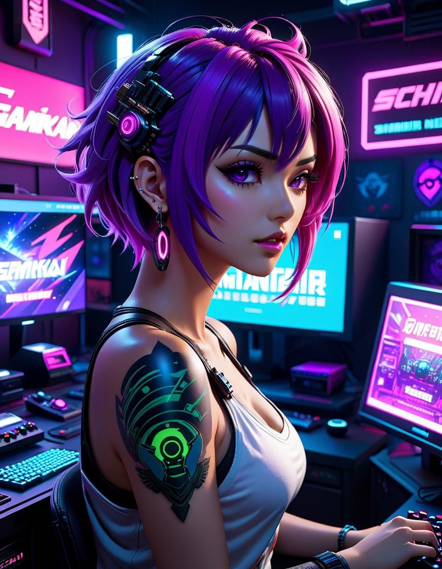 Cyberpunk Gamer Girl in Neon Gaming Room
