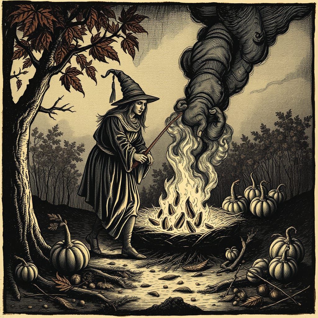 Illustration of a 17th century witch burning during Autumn H...