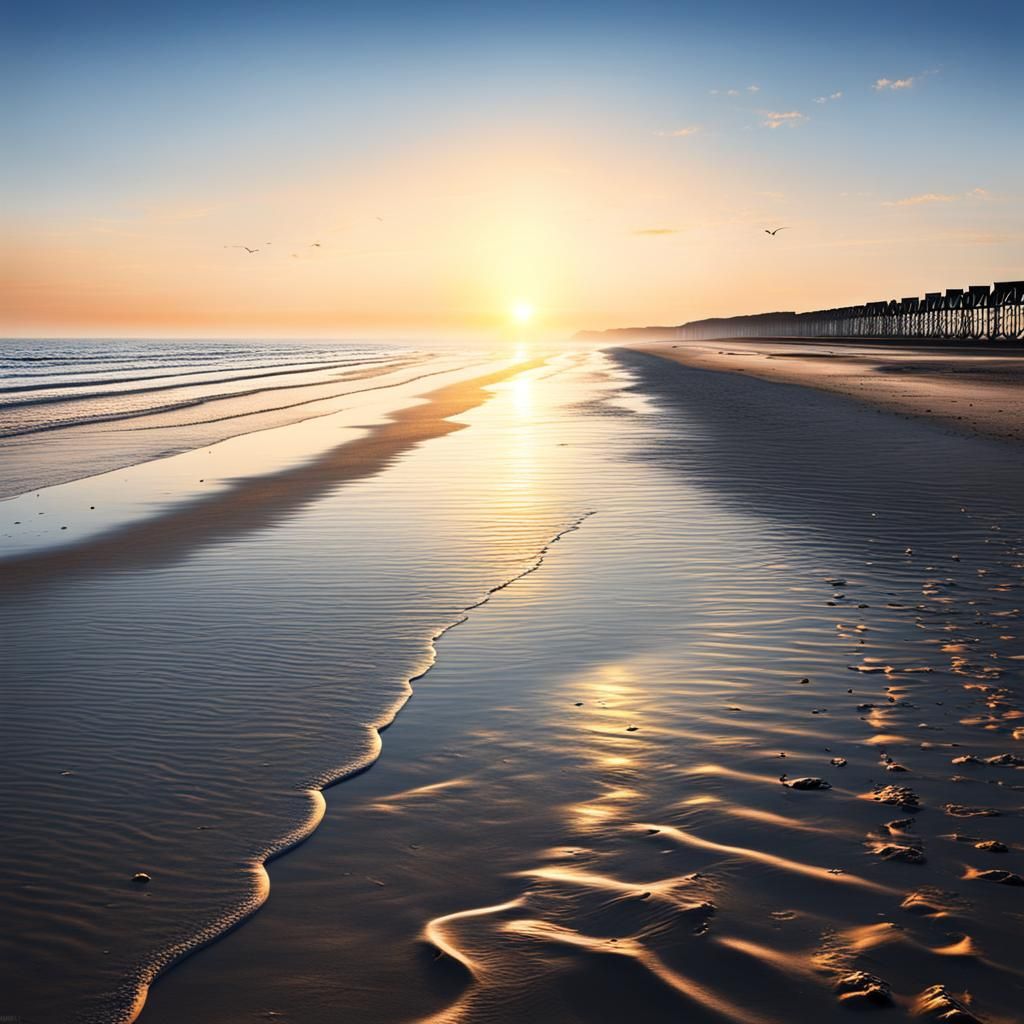 Normandy beach Omaha beach at sunset, hyper realistic and very detailed photography