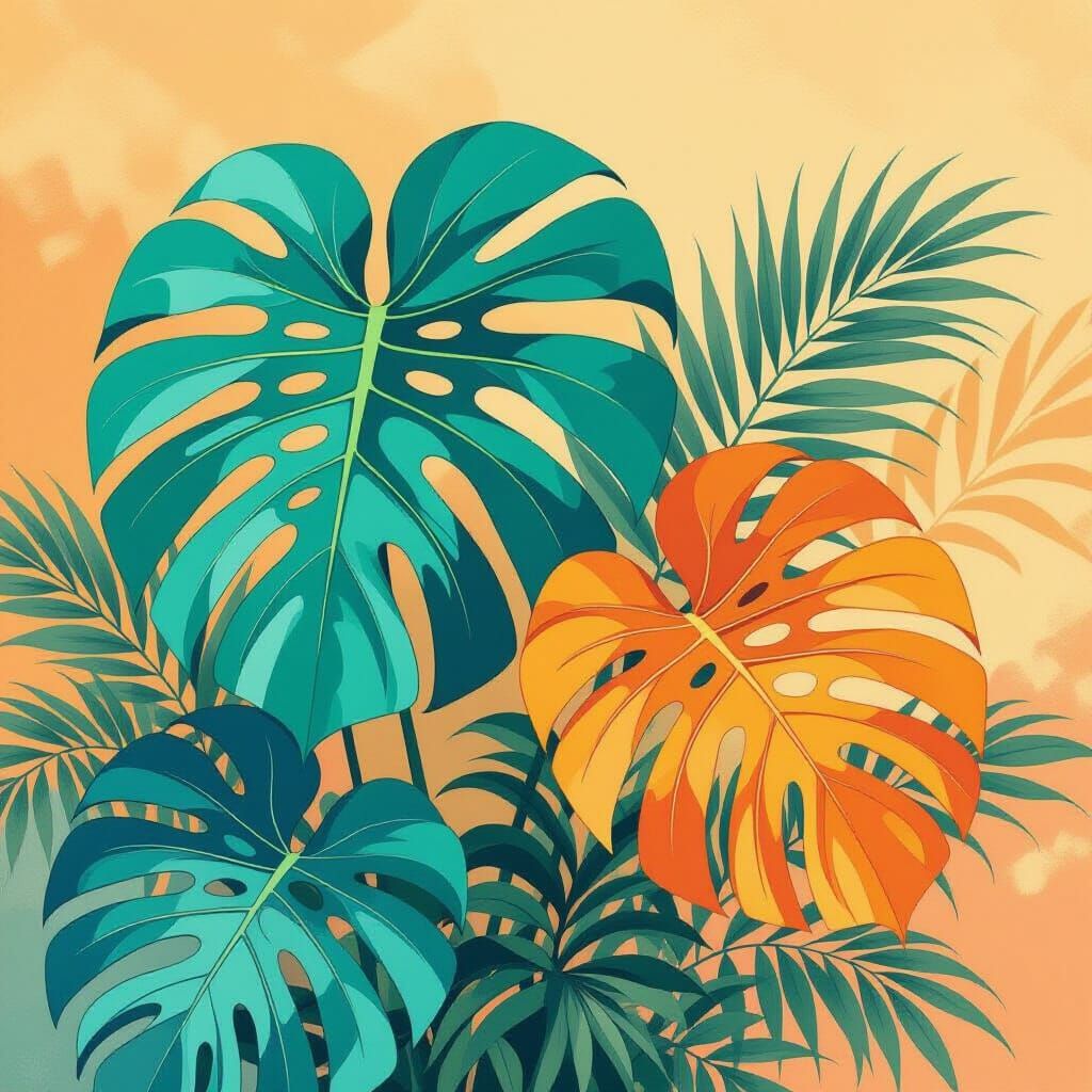 Turquoise Monstera Leaf Overshadows Orange: Watercolor Art