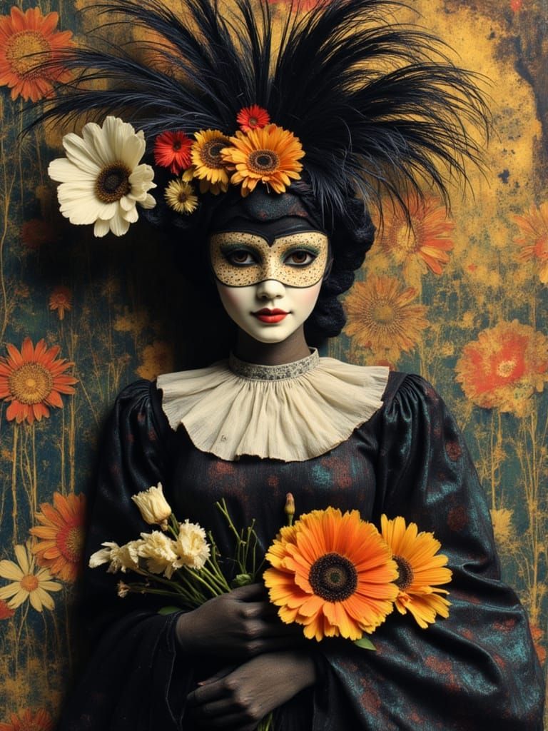 Bohemian Carnival Mask with Iridescent Feathers and Flowers