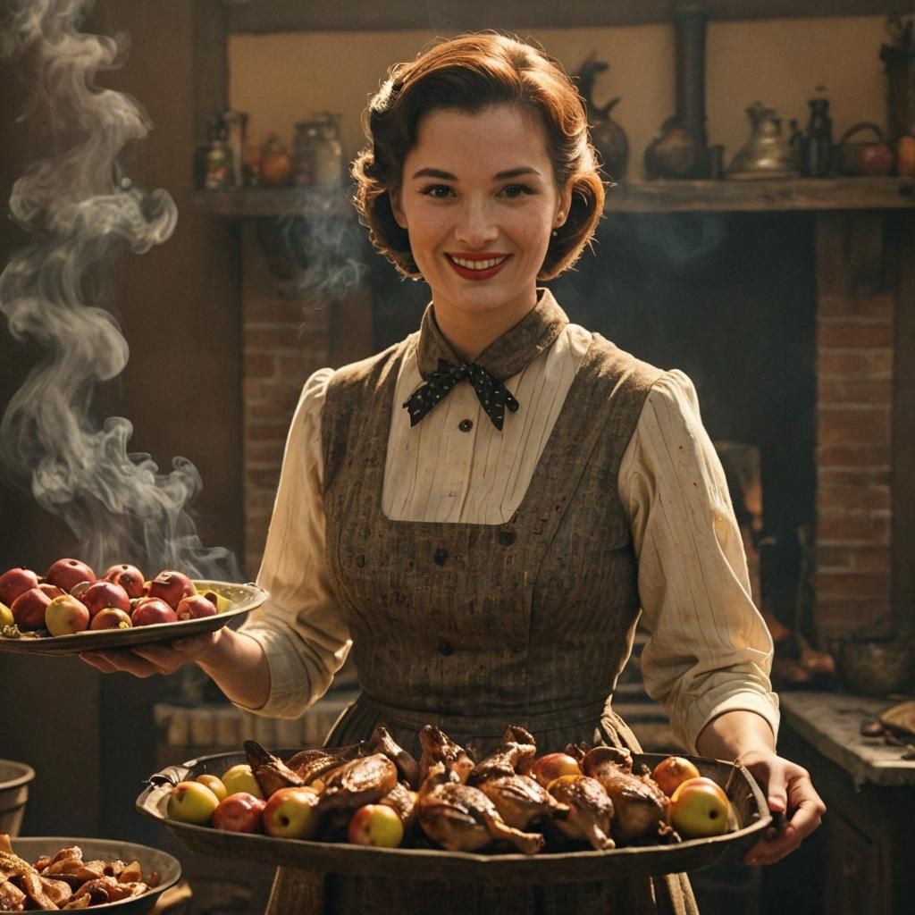 1950s Housewife with Burnt Duck, Cinematic Still
