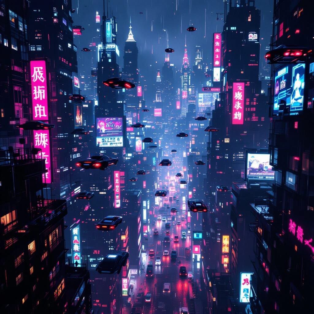 Cyberpunk Metropolis at Night: Wide-Angle Cityscape