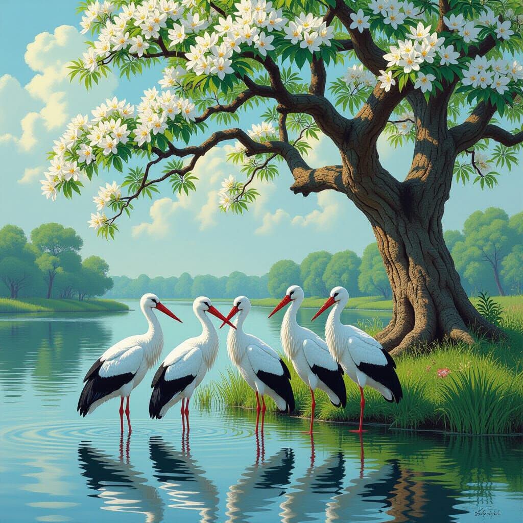 Storks in a Lake of White Flowers