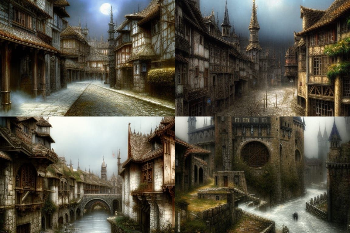 Gloomy Medieval Fantasy Town in Dark Fantasy Style