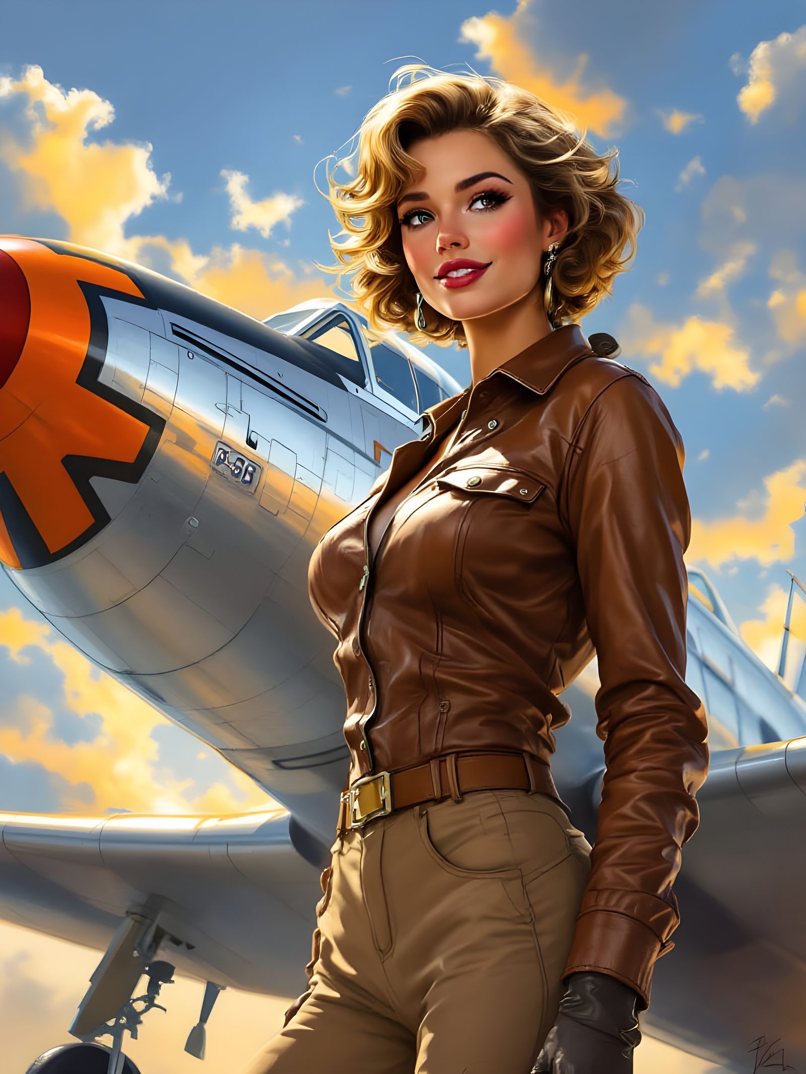 1940s Female Pilot and P-38 Aircraft in Comic Style