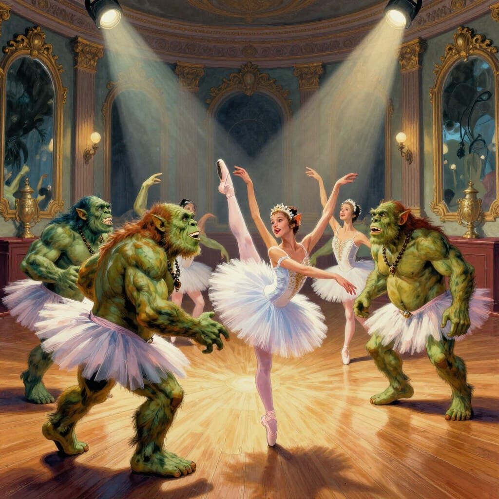 Orcs Gracefully Attempting Ballet in Ornate Studio