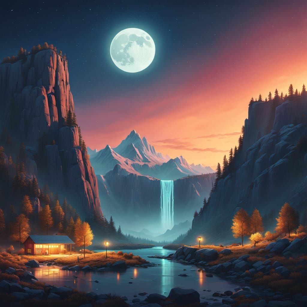 Moonlit Archway over Mountains: Digital Matte Painting