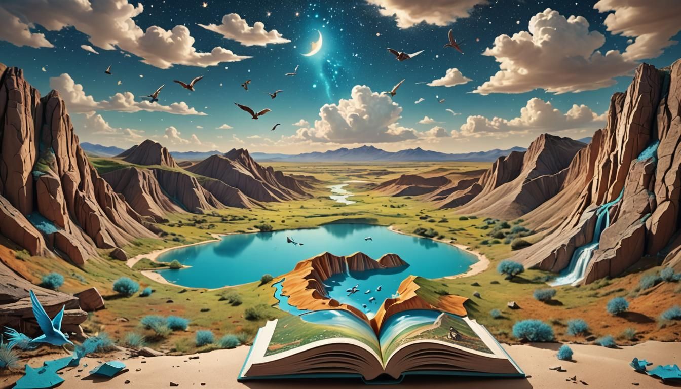 Surreal 3D Popup Book with Vibrant Landscape
