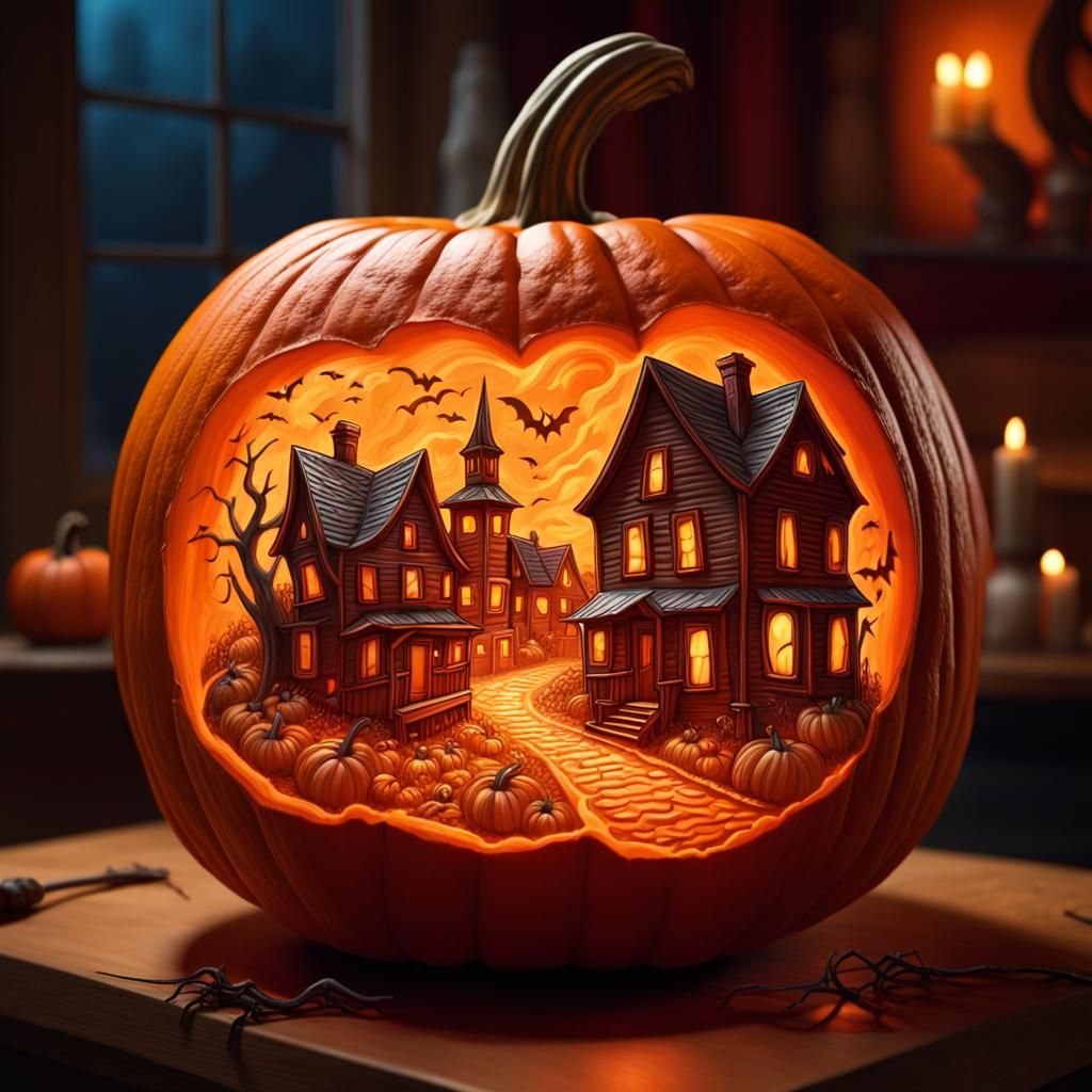 Spooky Creatures Carving Haunted Town Pumpkin