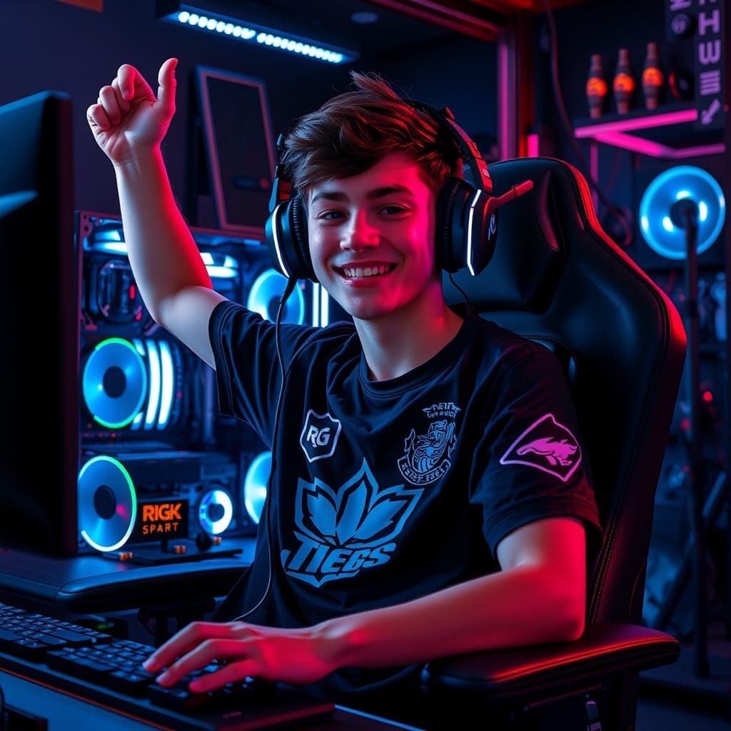 Esports Victory: Young Gamer in Futuristic RGB Lit Setup