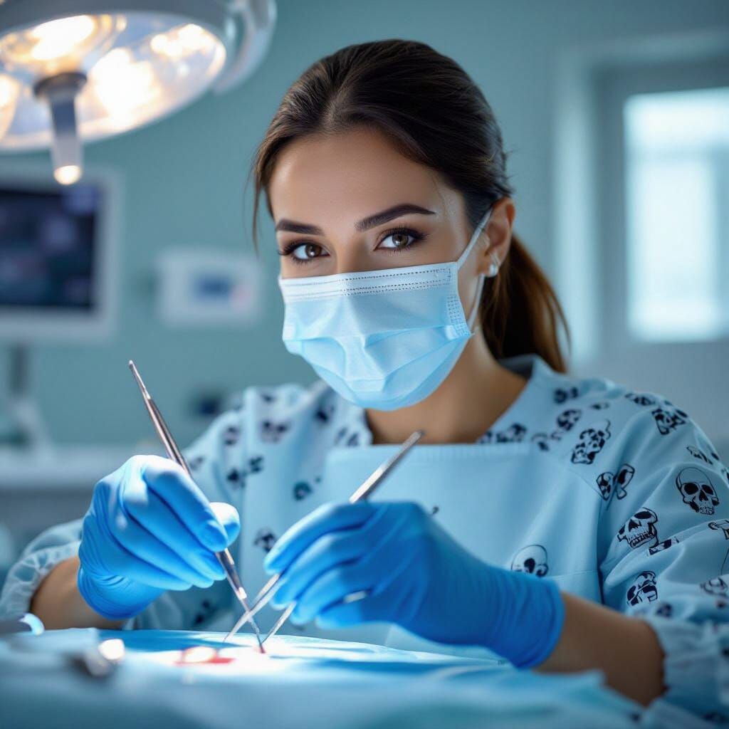 Skilled Dentist with Skull Gloves and Surgical Tools