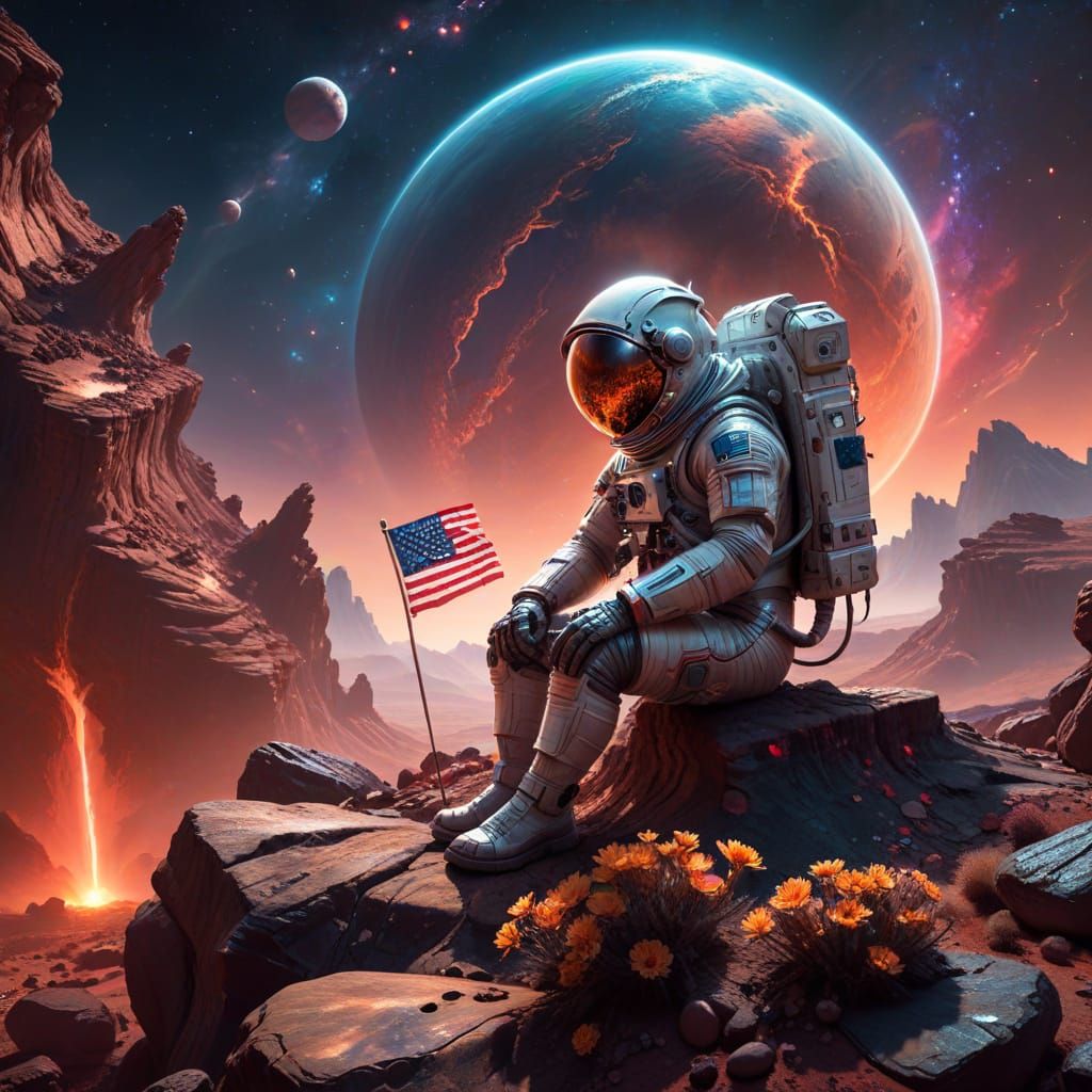 Cosmic Explorer Plants Flag on Alien Planet in Futuristic Sp...