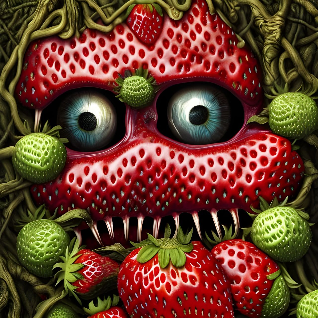 Creepy Strawberry Monster in Hyperdetailed Horror Style