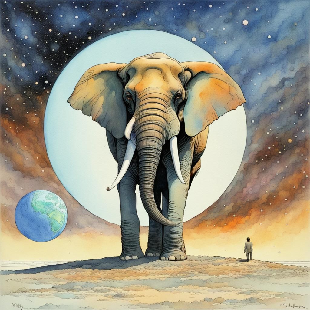 Elephant on Planet in Moebius Style Watercolor