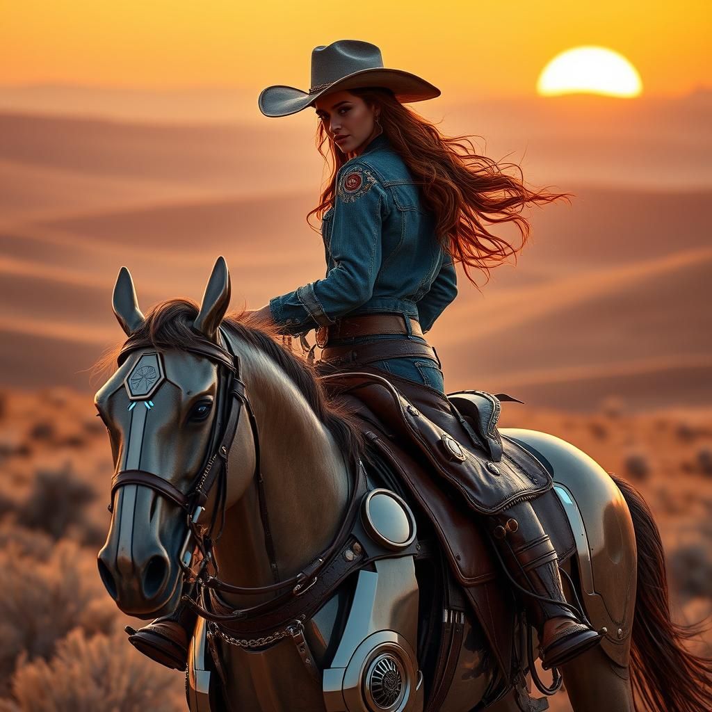 Robot Cowgirl Rides Chrome Horse in Wild West