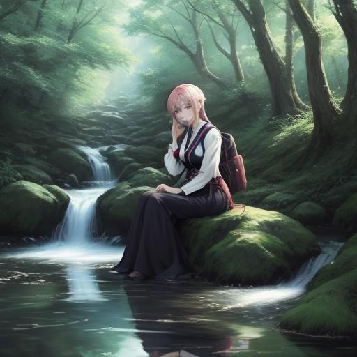 Anime Girl Alone by Stream in Manga Style
