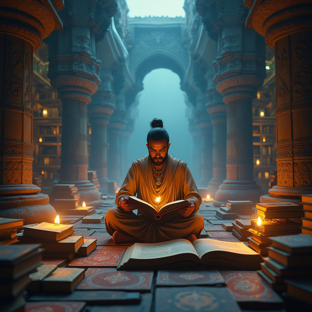 Ancient Scholar in Dreamlike Library, Digital Art