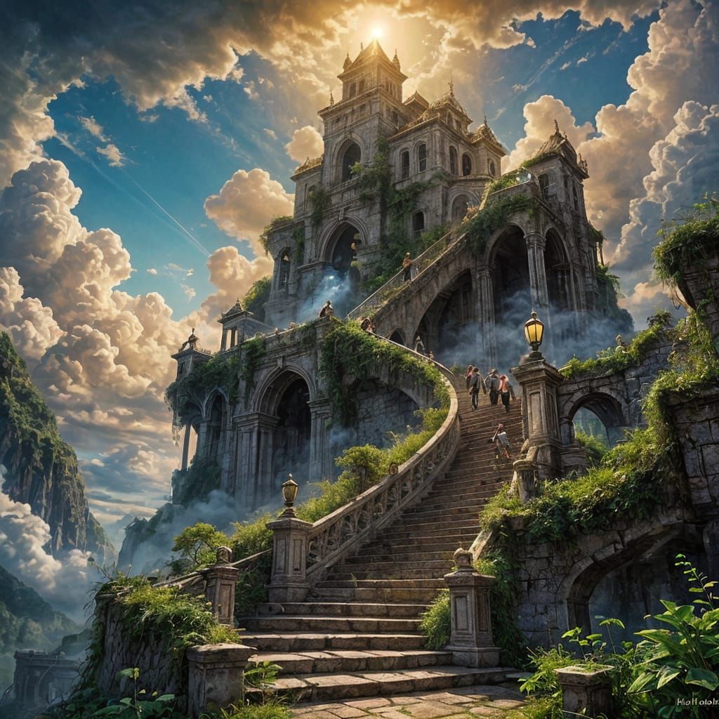 Ancient Stone Stairway Ascending to Golden Heavenly Vortex