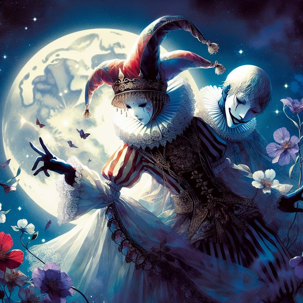 Pierrot and Mad Columbine Under Moonlight