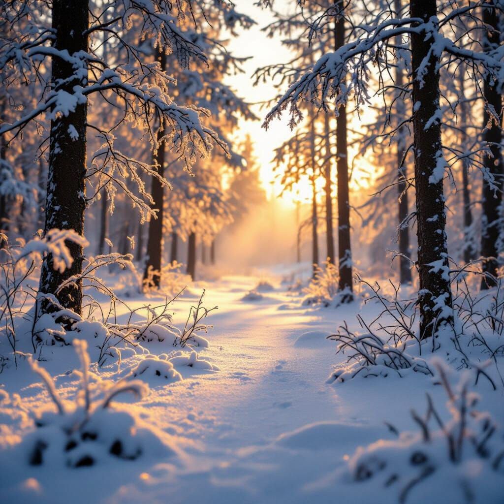 Photorealistic Forest at Dawn with Golden Light and Snow