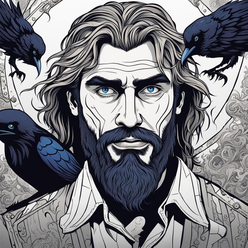 Man Holding Raven in Tim Burton Cartoon Style