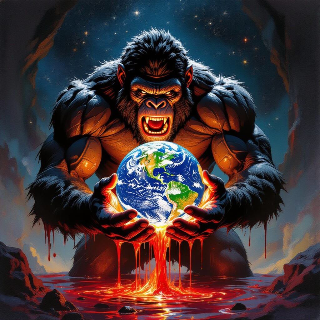 Muscular Ape Squeezing Earth in Space, Hyperrealistic Style