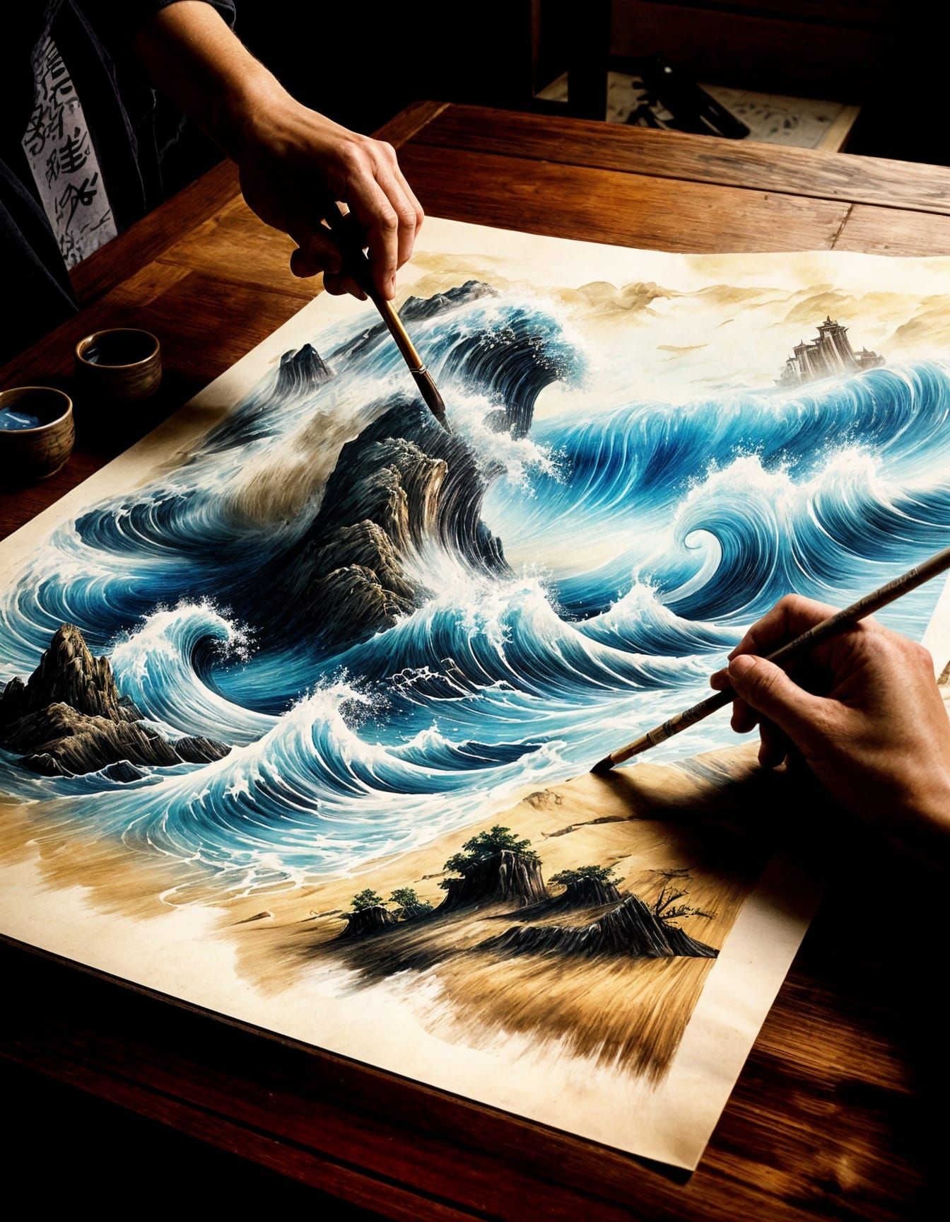Artist Paints Waves Emerging From Scroll