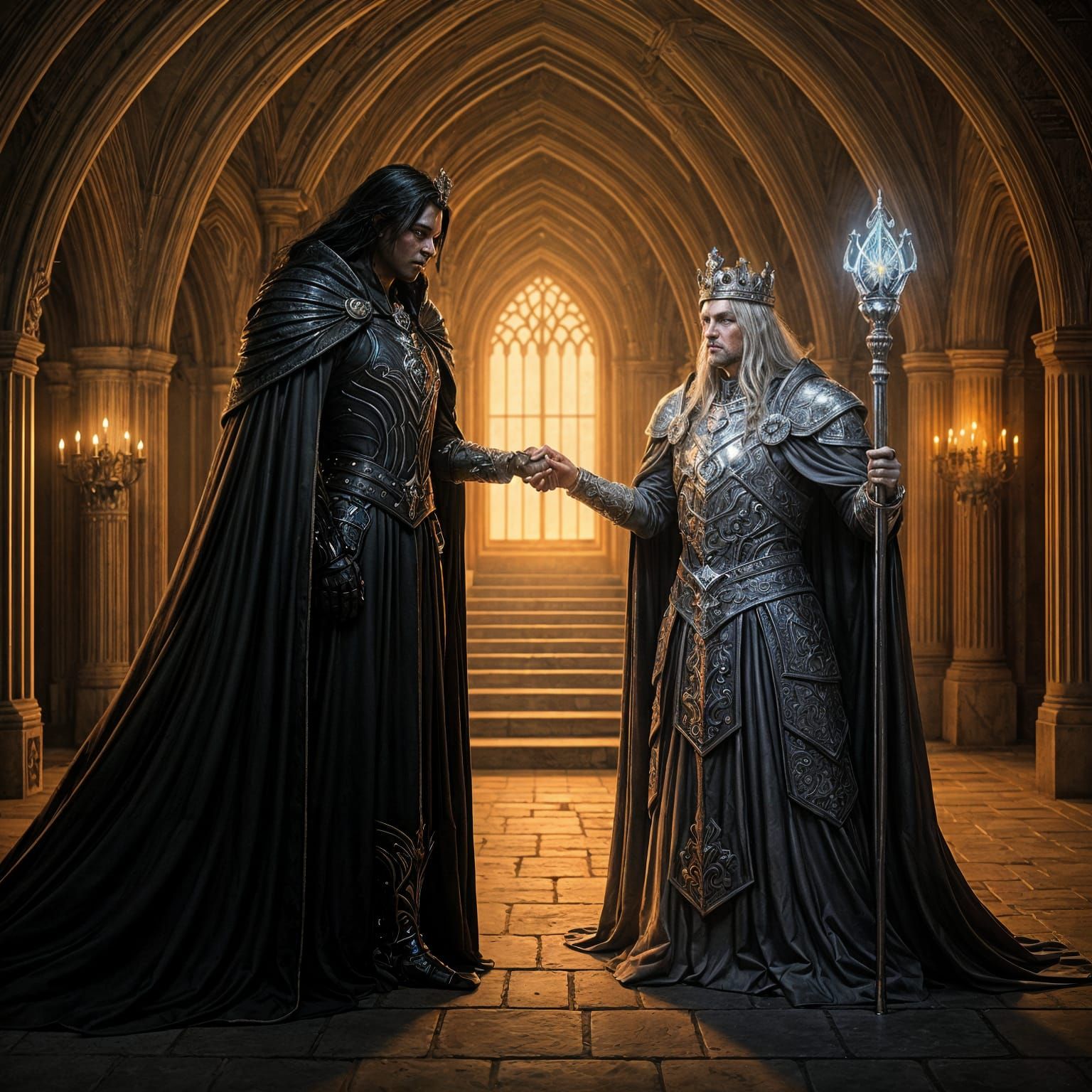 Dark Figure Reaches for Silver King in Palace