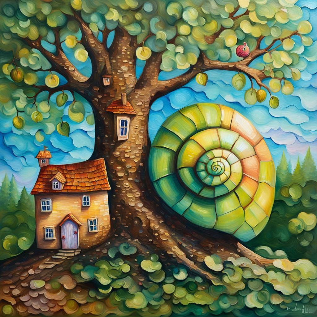 Fairytale Village with Apple Tree, Acrylic Painting