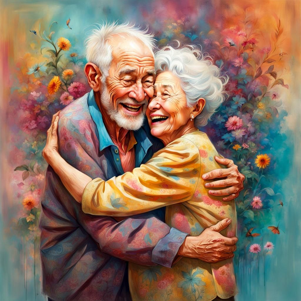 Happy Elderly Couple's Joyous Embrace in Art Brut Style